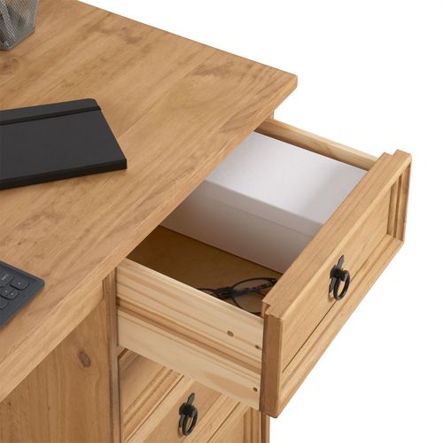 Bureau En Pin Salsa Avec 4 Tiroirs, Style Mexicain, Finition Teintée/cirée