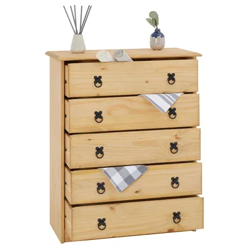 Commode En Pin Barrio, 5 Tiroirs En Pin Massif Finition Teintée/cirée