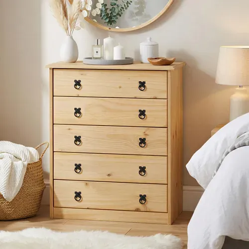 Commode En Pin Barrio, 5 Tiroirs En Pin Massif Finition Teintée/cirée
