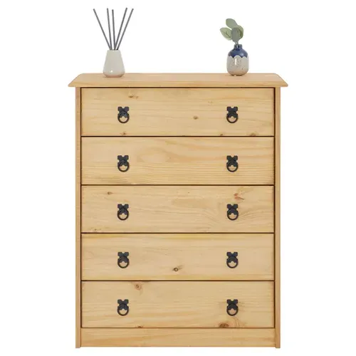 Commode En Pin Barrio, 5 Tiroirs En Pin Massif Finition Teintée/cirée
