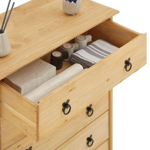 Commode En Pin Barrio, 5 Tiroirs En Pin Massif Finition Teintée/cirée