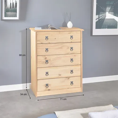 Commode En Pin Barrio, 5 Tiroirs En Pin Massif Finition Teintée/cirée