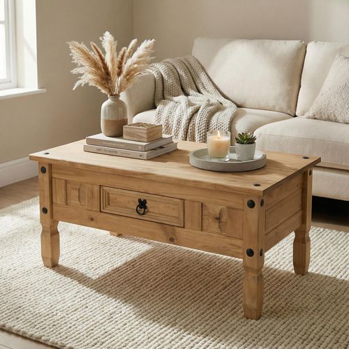Table Basse En Pin Salsa Style Mexicain, Avec 1 Tiroir