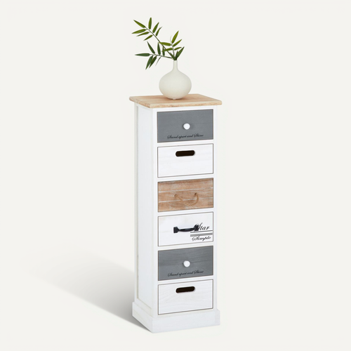 Chiffonnier Salva Avec 6 Tiroirs, En Bois Blanc Brun Et Gris