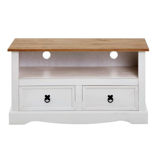 Meuble TV Campo Avec 2 Tiroirs, Style Mexicain En Pin Massif Blanc Et Brun