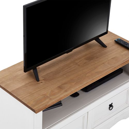 Meuble TV Campo Avec 2 Tiroirs, Style Mexicain En Pin Massif Blanc Et Brun