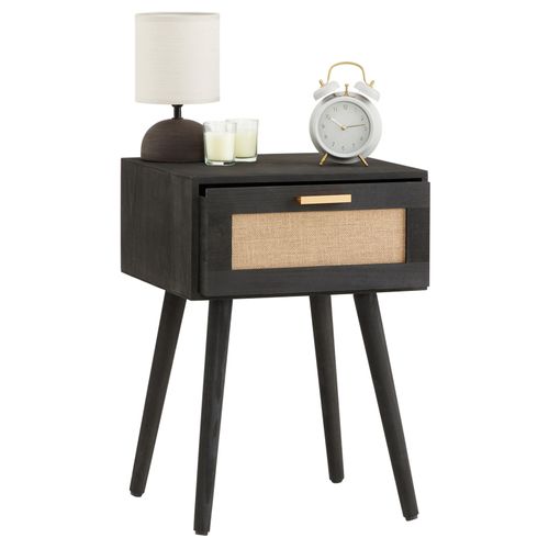 Table De Chevet Kiran 1 Tiroir, En Bois Noir Et Lin