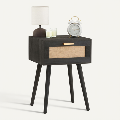 Table De Chevet Kiran 1 Tiroir, En Bois Noir Et Lin
