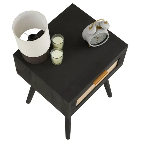 Table De Chevet Kiran 1 Tiroir, En Bois Noir Et Lin