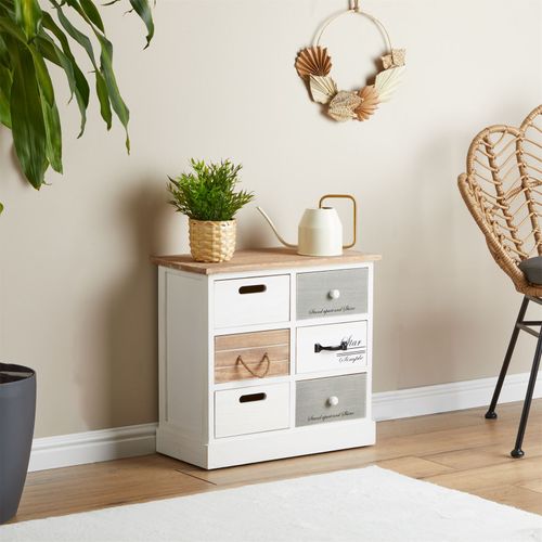 Chiffonnier Salva Avec 3x3 Tiroirs, En Bois Blanc Et Brun
