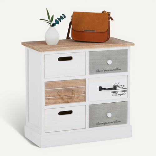 Chiffonnier Salva Avec 3x3 Tiroirs, En Bois Blanc Et Brun