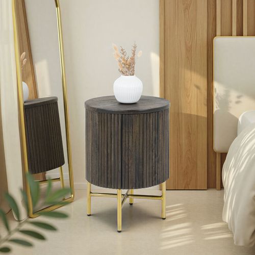Table De Chevet Fluted En Bois De Manguier Massif Avec 1 Porte - Brun