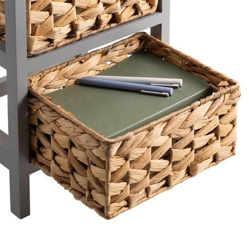 Chiffonnier Arbo En Bois De Paulownia Gris, 4 Paniers En Jacinthe D'eau