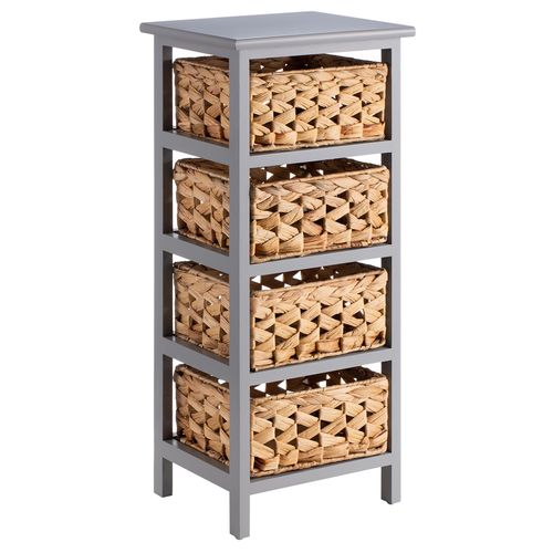 Chiffonnier Arbo En Bois De Paulownia Gris, 4 Paniers En Jacinthe D'eau