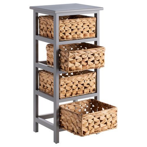 Chiffonnier Arbo En Bois De Paulownia Gris, 4 Paniers En Jacinthe D'eau
