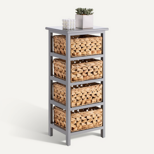 Chiffonnier Arbo En Bois De Paulownia Gris, 4 Paniers En Jacinthe D'eau