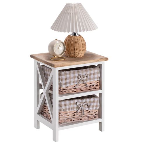 Table De Chevet Perugia Avec 2 Paniers, En Bois Blanc Et Brun