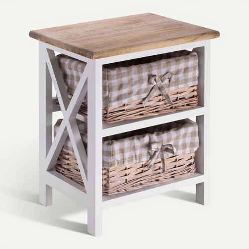Table De Chevet Perugia Avec 2 Paniers, En Bois Blanc Et Brun