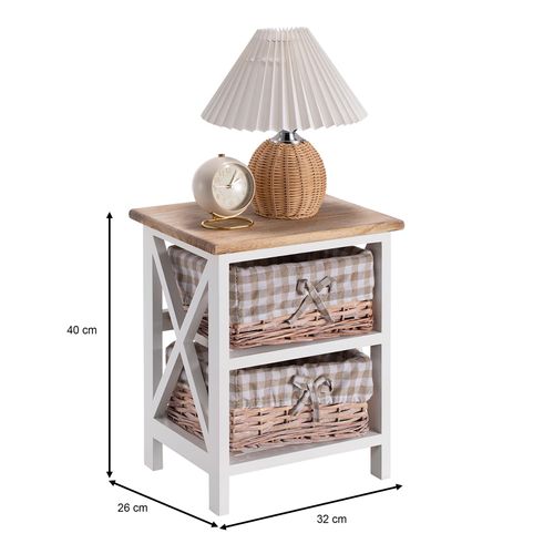 Table De Chevet Perugia Avec 2 Paniers, En Bois Blanc Et Brun
