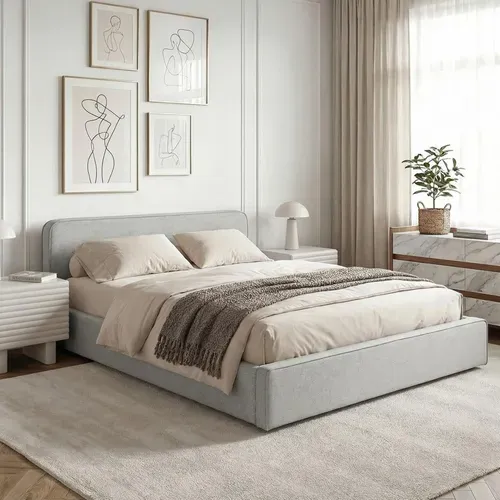 Lit Double Belarti 140 X 190 Cm Rembourré, Revêtement En Tissu - Gris Clair