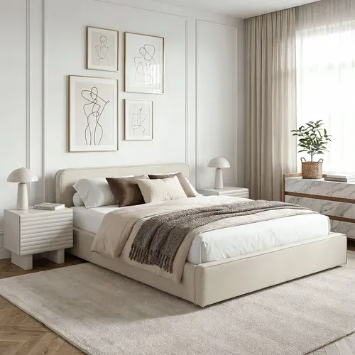 Lit Double Belarti 140 X 190 Cm Rembourré, Revêtement En Tissu - Blanc Crème