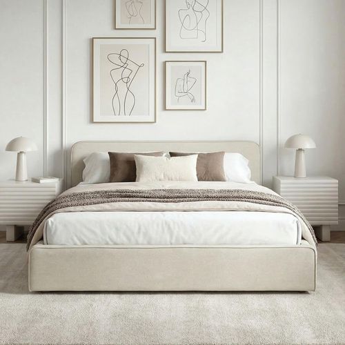 Lit Double Belarti 140 X 190 Cm Rembourré, Revêtement En Tissu - Blanc Crème