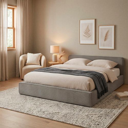 Lit Double Cursio 140 X 190 Cm, Revêtement En Velours Côtelé - Gris