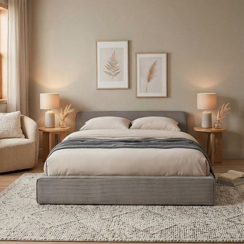 Lit Double Cursio 140 X 190 Cm, Revêtement En Velours Côtelé - Gris