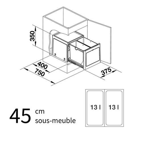 Poubelle De Cuisine Encastrable Blanco Botton Pro 45/2 Manuell - 2x13 Litres