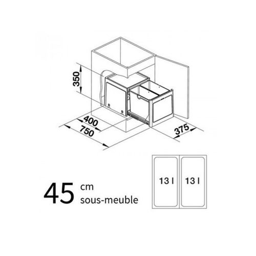Poubelle De Cuisine Encastrable Blanco Botton Pro 45/2 Manuell - 2x13 Litres
