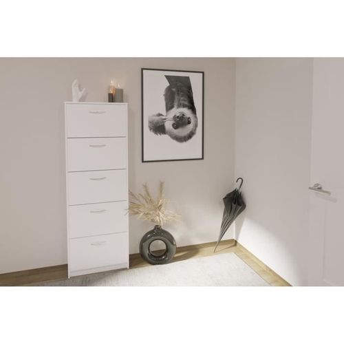 Meuble à Chaussures - Décor Blanc - 5 Abattants - 10 Paires - L58,5 X H168,5 X P17 Cm