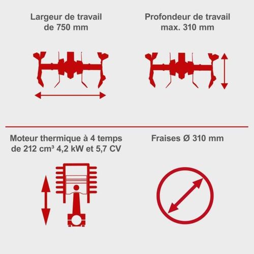 Motobineuse Thermique 212 Cm3 4,2 Kw, Largeur 750 Mm, 24 Fraises