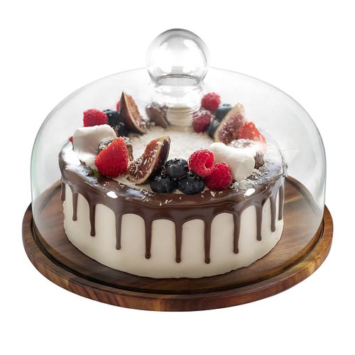 Plateau à Gâteaux En Acacia Avec Cloche
