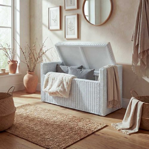 Coffre De Stockage, Banquette M92 Rotin Avec Coussin Kissen 88cm ~ Blanc