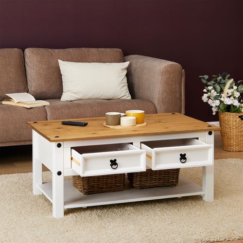 Table Basse Campo En Bois Massif Avec 2 Tiroirs - Blanc Et Brun