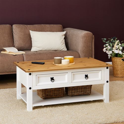 Table Basse Campo En Bois Massif Avec 2 Tiroirs - Blanc Et Brun