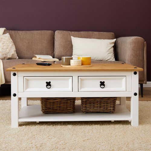 Table Basse Campo En Bois Massif Avec 2 Tiroirs - Blanc Et Brun