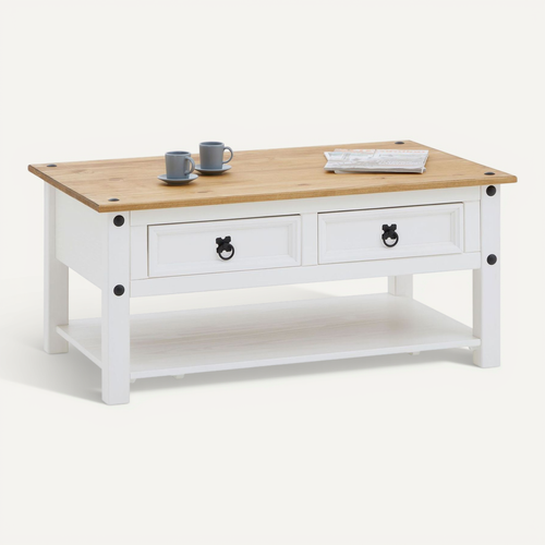 Table Basse Campo En Bois Massif Avec 2 Tiroirs - Blanc Et Brun