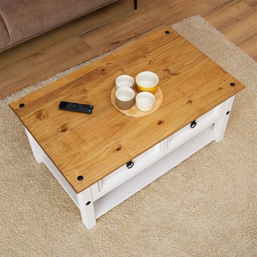 Table Basse Campo En Bois Massif Avec 2 Tiroirs - Blanc Et Brun