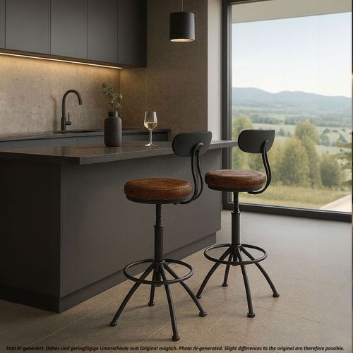 2 Tabourets De Bar Industriels Réglables - Hauteur 51-73 Cm, Pivotant 360°, Similicuir Marron-Noir - Charge 150 Kg