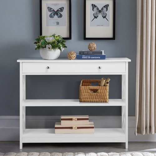 Table Console Meuble Entrée En Bois Blanc Table D'appoint 3 Niveaux 1 Tiroir