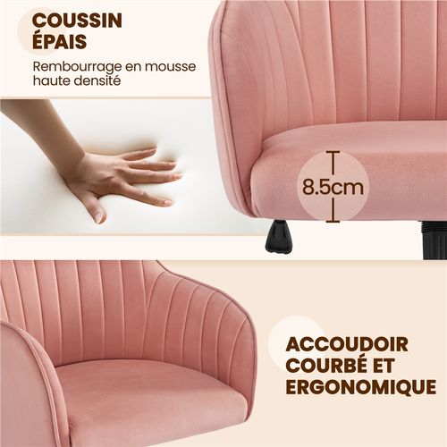 Chaise De Bureau Moderne En Velours Avec Roulettes Et Assise Réglable En Hauteur, Rose