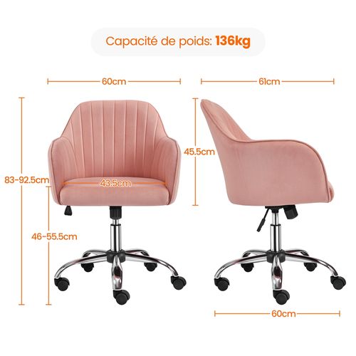 Chaise De Bureau Moderne En Velours Avec Roulettes Et Assise Réglable En Hauteur, Rose