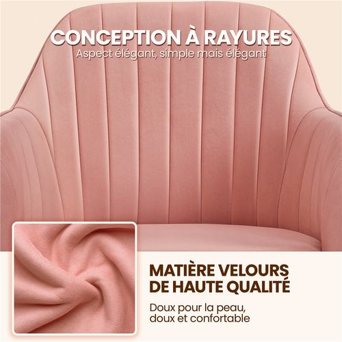 Chaise De Bureau Moderne En Velours Avec Roulettes Et Assise Réglable En Hauteur, Rose