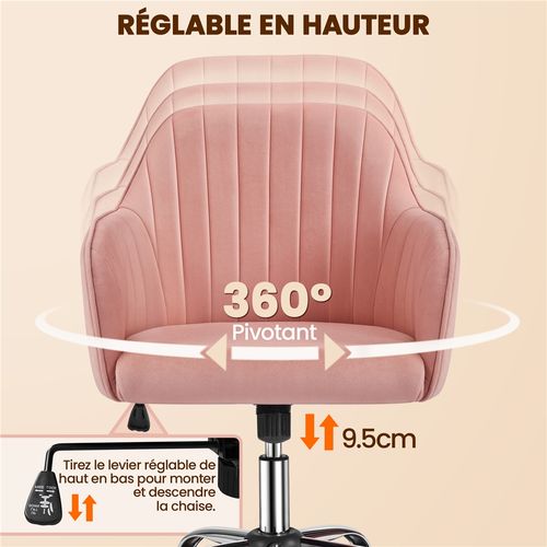 Chaise De Bureau Moderne En Velours Avec Roulettes Et Assise Réglable En Hauteur, Rose