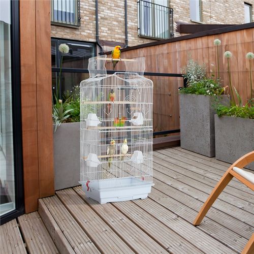Cage à Oiseaux Décorative En Métal Avec Toit Ouvrable, Balançoire Et Plateau Coulissant, Blanc