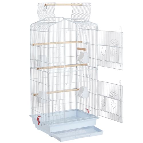 Cage à Oiseaux Décorative En Métal Avec Toit Ouvrable, Balançoire Et Plateau Coulissant, Blanc