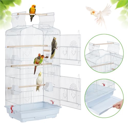 Cage à Oiseaux Décorative En Métal Avec Toit Ouvrable, Balançoire Et Plateau Coulissant, Blanc