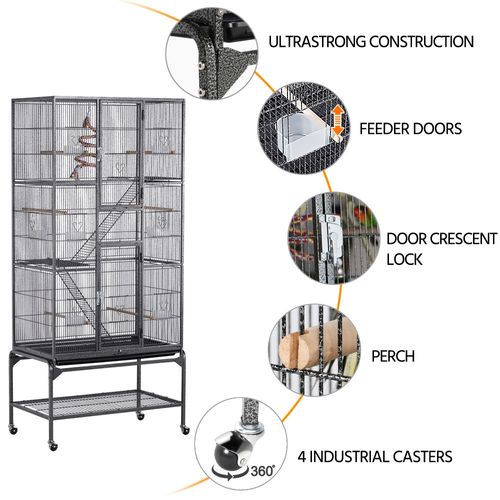 Cage à Oiseaux En Métal Hauteur De 175 Cm Avec Toit Volière Avec Accessoires Et Roulettes, Noir