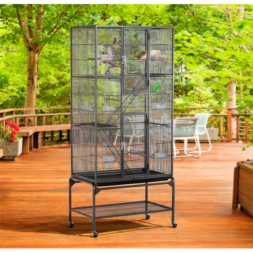 Cage à Oiseaux En Métal Hauteur De 175 Cm Avec Toit Volière Avec Accessoires Et Roulettes, Noir